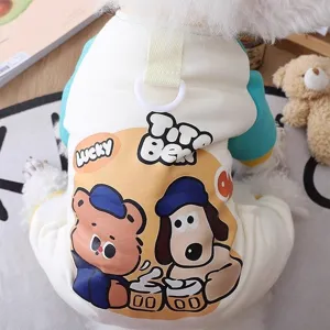 Detailed back view of a cute fleece dog jumpsuit with cartoon print and leash ring for small pets.