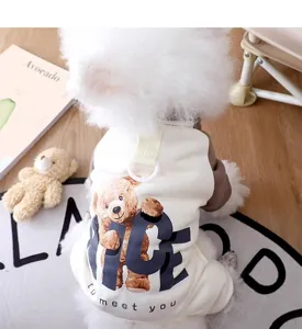 Cute dog fleece four-legged winter warm clothes detail, pet thermal apparel with bear print.