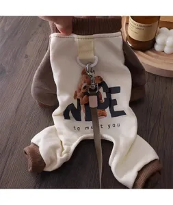 Warm four-legged dog fleece apparel with leash ring, cute bear print for small dogs.
