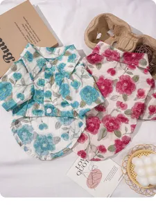 Cute floral dog shirt for summer vacation, stylish pet apparel with turn-down collar.