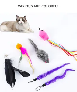 Dettagli del set di giocattoli colorati per gatti con piume e topi di peluche per il gioco.
