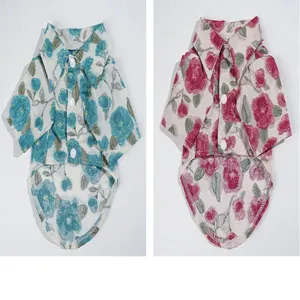 Floral pet shirt for dogs summer vacation style stylish apparel detail view display.