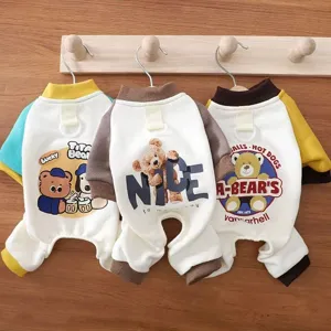 Warm four-legged fleece dog jumpsuit, cute bear print, thick winter pet clothes for small dogs