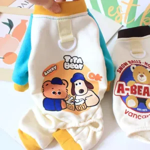 Warm fleece four-legged dog clothes with traction ring, cute cartoon bear print for small pets.