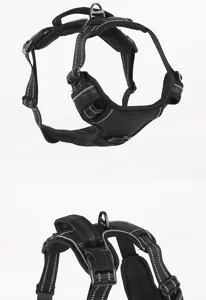 Harnais pour chien noir réglable avec bandes réfléchissantes pour promenades sûres.