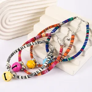 Ethnic Style Woven Pet Cat Dog Collar Adjustable Neck Strap with Colorful Bell Cute Pet Accessories Wholesale