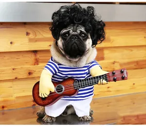 Detailed view of funny pet costume featuring wig and guitar prop for dogs and cats.