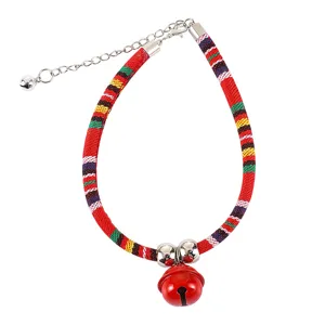 Ethnic style pet cat collar with adjustable metal chain and red bell for small dogs.