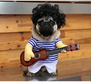 Funny dog guitar costume with wig and clothes, perfect for funny pet party dress up.