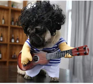 Funny dog guitar costume for pets, cute puppy transform apparel detail view for summer wear.