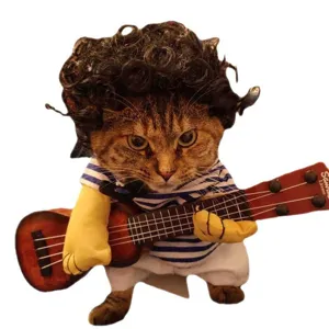 Funny cat guitar costume pet clothes with wig and miniature instrument for funny pet dress up.