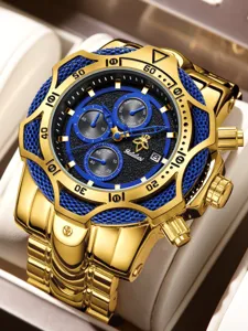 Primer plano del reloj cronógrafo para hombre en oro y azul con bisel texturizado.