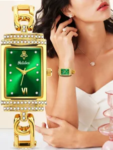 Luxury green dial square quartz watch for women with rhinestones and elegant bracelet strap.