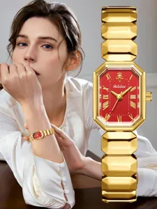 Montre quartz femme en or de luxe avec cadran rectangulaire rouge et bracelet métallique géométrique.