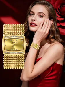 Gold rhinestone luxury women watch wide beaded strap elegant quartz wristwatch detail view