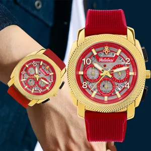 Men's luxury quartz watch with large red dial, gold case and comfortable silicone strap.