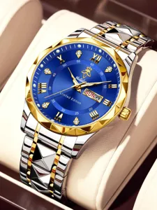 Luxus Herren Quarzuhr Detailaufnahme, blaues Zifferblatt mit goldener Lünette und Armband.