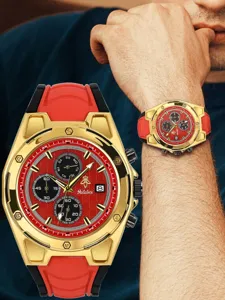Reloj de cuarzo dorado de lujo Yalalusi con correa de silicona roja, detalle.