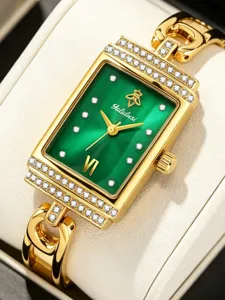 Yalalusi green dial rectangular quartz watch detail showing elegant rhinestone bezel and gold link.