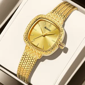 Luxus goldene Damenuhr mit geflochtenem Armband und edlem Kissen-Zifferblatt für Damen.