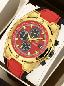 Detalle de reloj cronógrafo dorado, correa silicona rojo negro, esfera deportiva de cuarzo de lujo