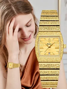 Montre femme carré or de luxe Yalalusi avec chiffres romains et guichet de date quartz.