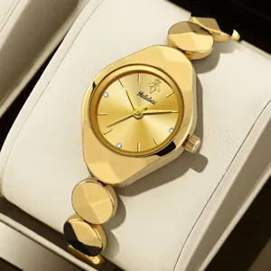 Gold luxury women wristwatch detail showcasing unique links and sparkling crystal dial markers.