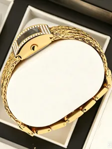 Luxus goldene Diamant rechteckiges Zifferblatt Damen Uhr mit elegantem geflochtenem Armband