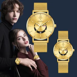 Reloj de cuarzo dorado de lujo Yalalusi para parejas con correa de malla y calendario.
