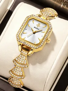 Gold women quartz watch with square rhinestone bezel and unique fan bracelet for luxury style.