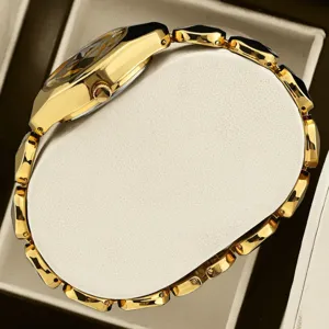 Luxury gold-plated women's watch with faceted links and elegant case for daily fashion wear.