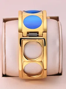 Women Gold Bangle Quartz Watch with Blue Accents Vintage Fashion Luxury Wristwatch