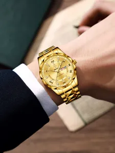 Goldene Business Herren Quarzuhr mit Kalenderanzeige und luxuriösem Metallarmband.