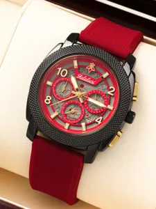 Close-up detail of yalalusi men quartz watch with red silicone strap and big black dial.