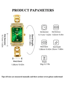 Luxury green dial square quartz watch for women with diamond bezel chain band detail specs