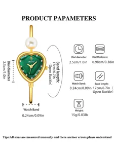 Elegant heart-shaped dial green watch with pearl bracelet for women and girls daily wear.