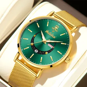Reloj de cuarzo dorado para mujer con esfera verde, correa de malla y calendario.