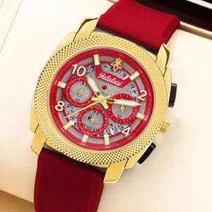 Men's stylish gold chronograph quartz watch with red rubber strap for daily business wear.