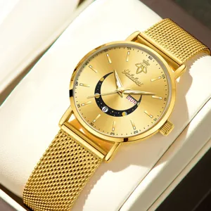 Elegante reloj de pulsera de cuarzo dorado con correa de malla y esfera de fecha detalle.