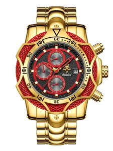 Reloj de hombre lujo oro con esfera roja cronografo movimiento de cuarzo elegante