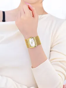 Gold rectangular watch for women with sparkling rhinestones, elegant multi-bead metal mesh strap.