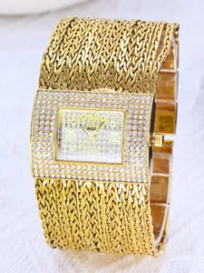 Goldene Strass Rechteck Zifferblatt Mesh Armband Damen Quarz Uhr, elegante Mode.