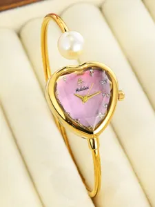 Gold bangle watch with heart pink dial pearl detail luxury fashion women quartz watch