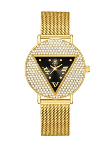 Reloj de cuarzo para mujer de lujo con esfera triangular pedrería correa malla dorada