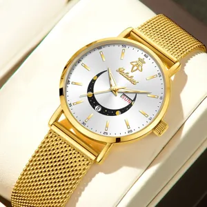 Reloj cuarzo mujer lujo correa malla oro calendario impermeable elegante moda reloj vista detalle