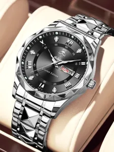 Modische Herren Business Quarzuhr mit großem Zifferblatt, Kalender und Metallarmband.