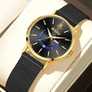 Reloj de cuarzo de lujo para mujer con esfera negra, caja dorada y correa de malla.