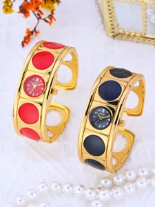 Yalalusi gold plated cuff watch detail view featuring elegant enamel circular bracelet design.