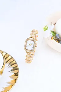 Gold women watch rhinestone rectangular dial elegant luxury quartz wrist watch detail
