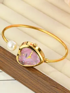 Women's quartz watch with heart dial pearl bangle bracelet design elegant fashion jewelry